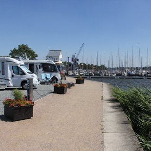 Nahaufnahme Wohnmobilstellplatz Schleswig direkt am Ufer der Schlei.